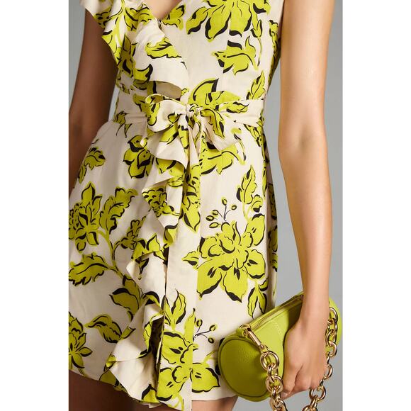 Le Superbe Palm Beach Ruffle Wrap Dress SZ 4 Yellow Floral Mini Dress Going Out - Picture 2 of 12